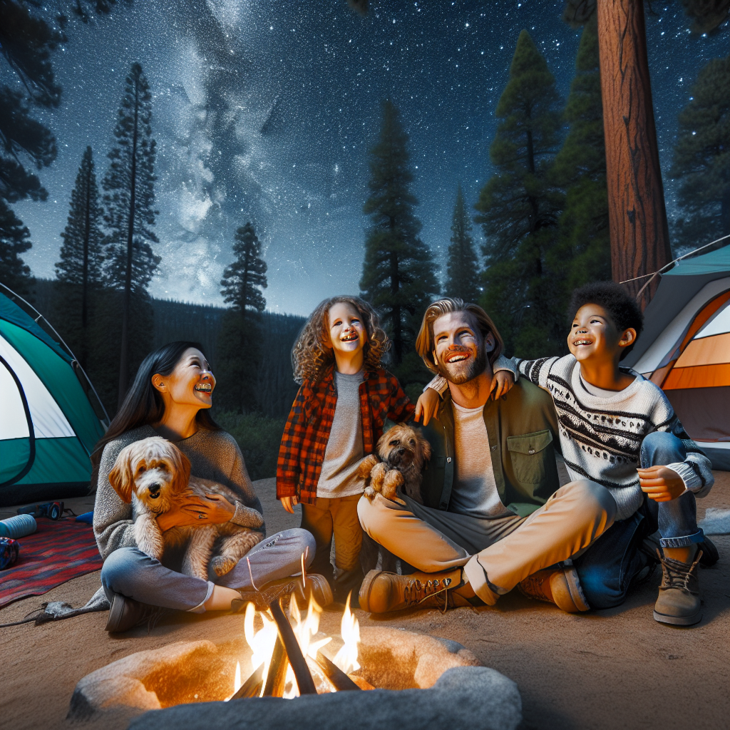 Dog sitting beside a tent during a pet-friendly camping trip in the USA