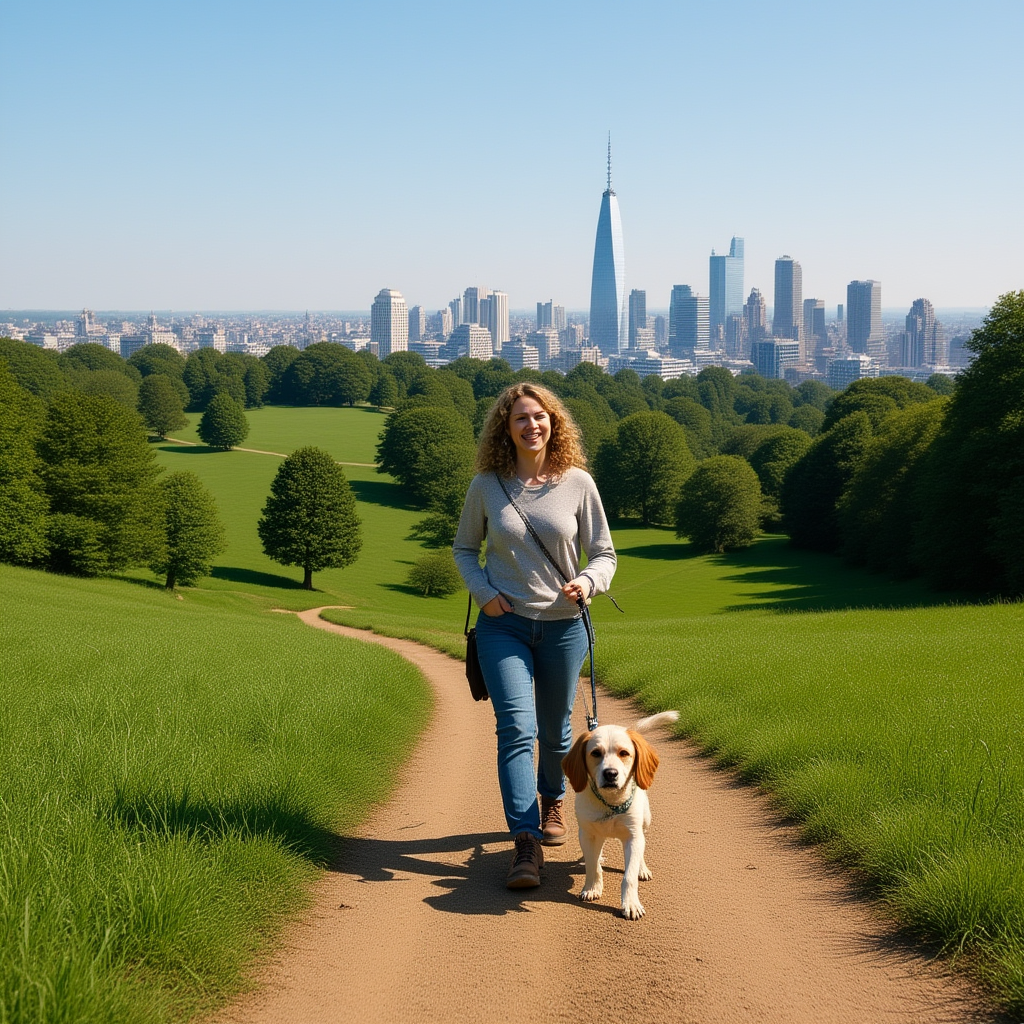 Dog walking on a scenic countryside trail near London, UK.
