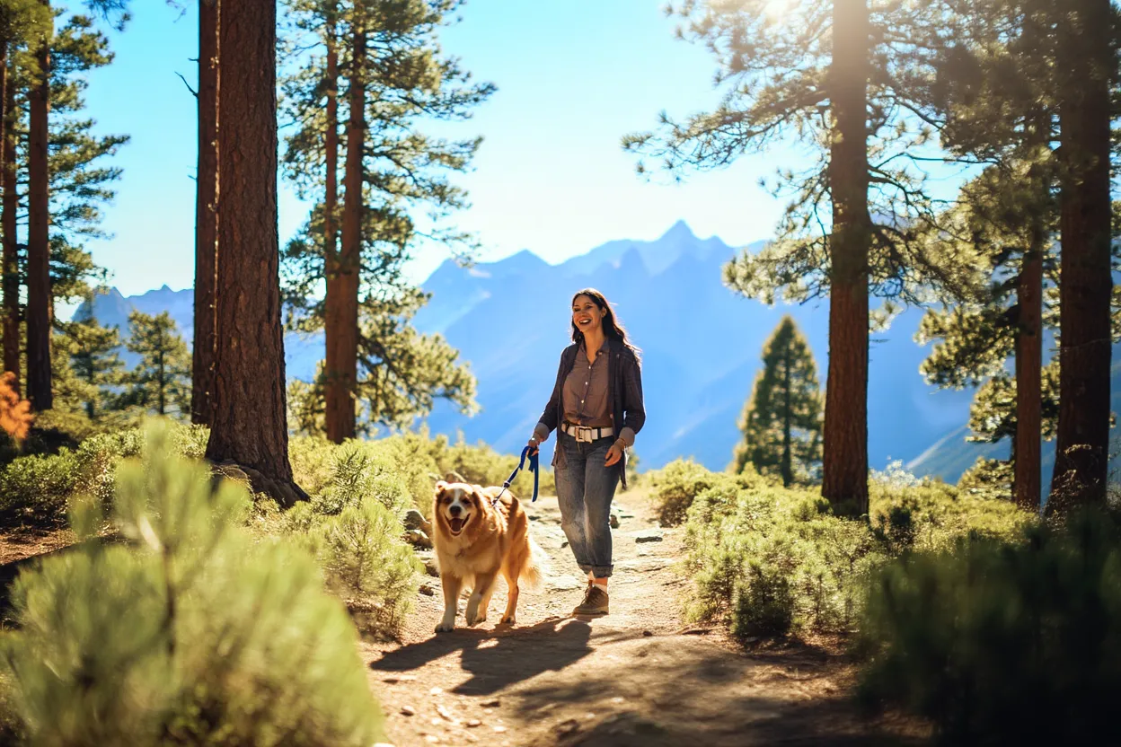 Dog walking with owner on a scenic hiking trail in the USA
