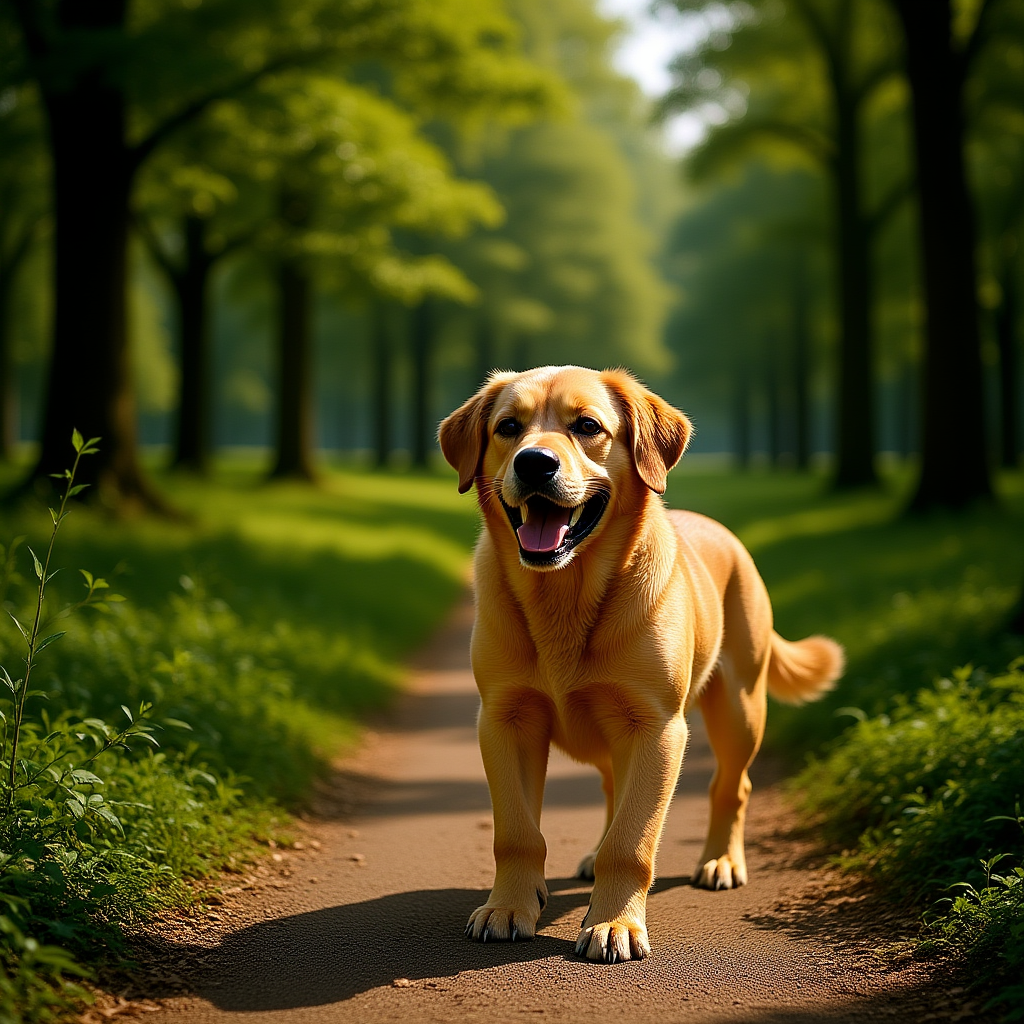 Hidden dog walk near London forest trail with happy golden retriever